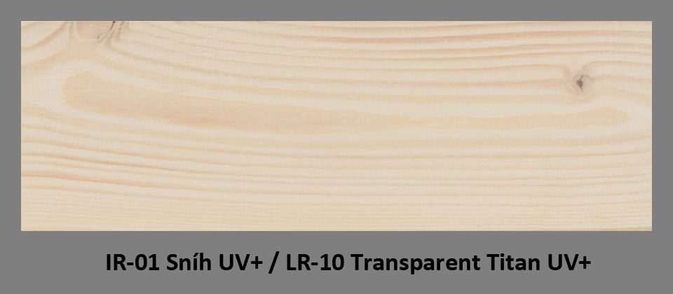 Základní nátěr - IR-01 Sníh UV+ (1 vrstva). Pro vrchní nátěr doporučena lazura LR-10 v odstínu Transparent Titan UV+ (2 vrstvy).