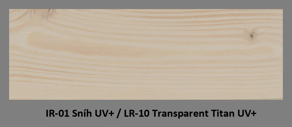 Základní nátěr - IR-01 Sníh UV+ (1 vrstva). Pro vrchní nátěr doporučena lazura LR-10 v odstínu Transparent Titan UV+ (2 vrstvy).
